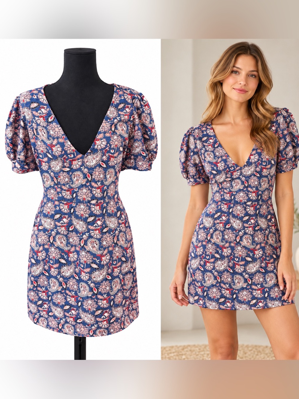 Boden Paisley Puff Sleeve V-Neck Mini Dress Blue Pink